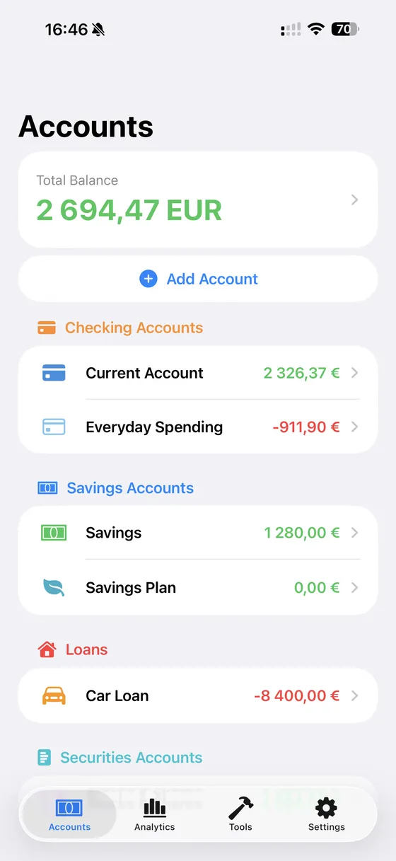 Accounts, loans & net worth