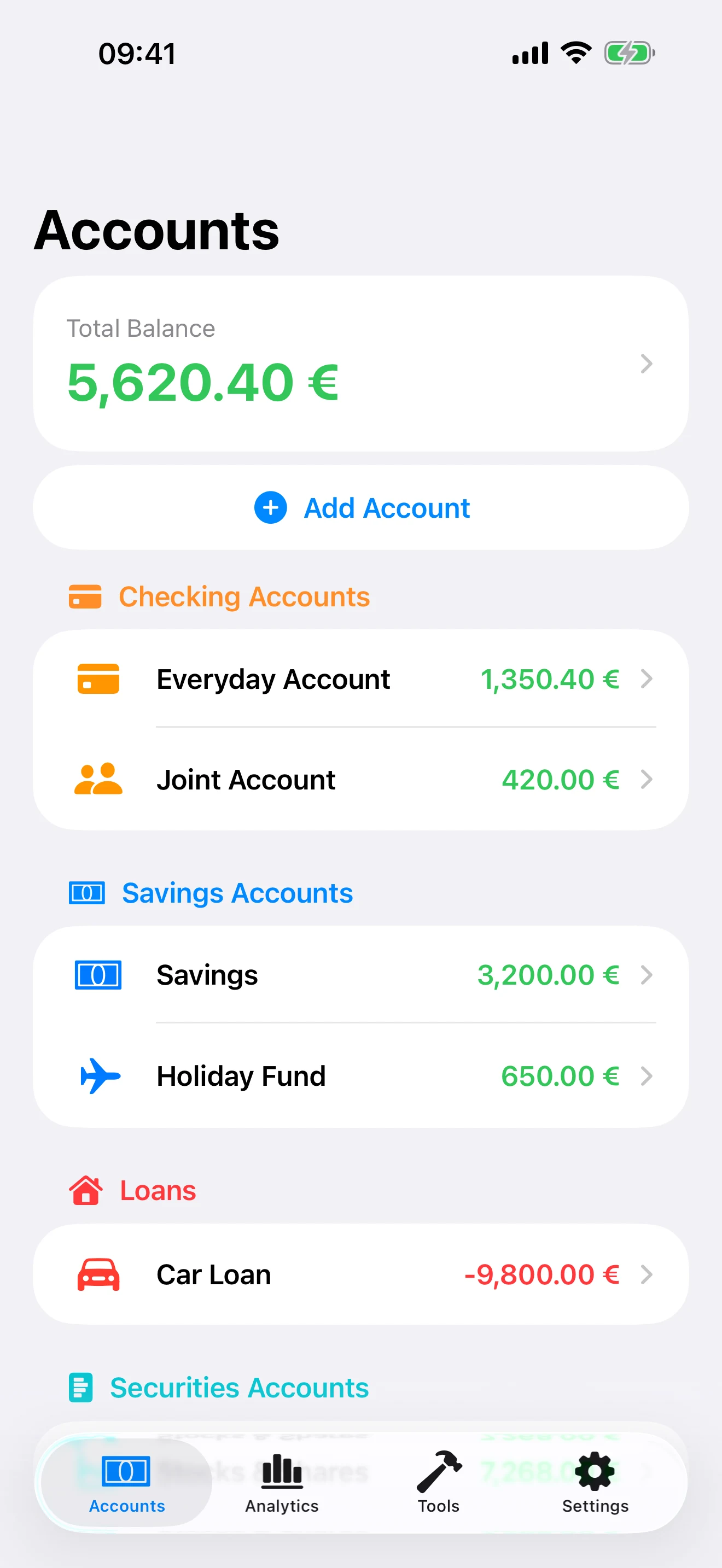 The Accounts screen: total balance, checking accounts, savings accounts and loans