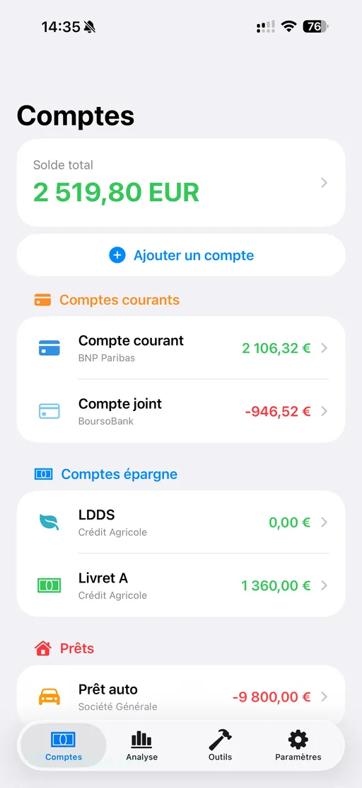 Vue des comptes FinaPrism