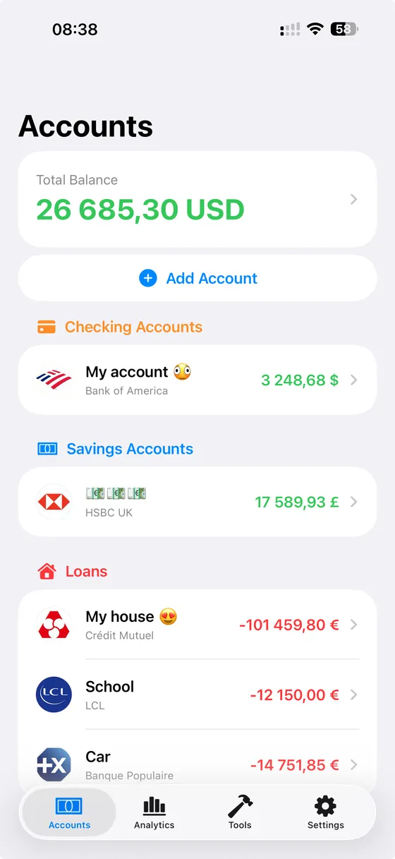 Accounts, loans & investments