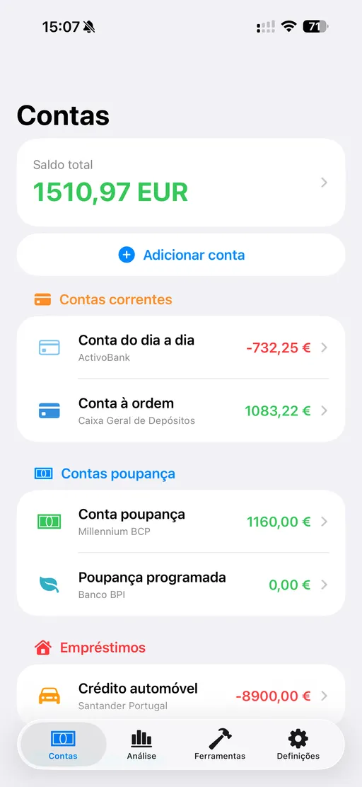 Visão de contas do FinaPrism
