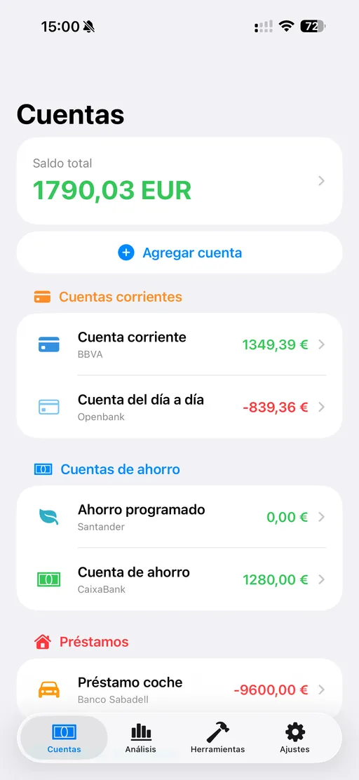 Vista de cuentas de FinaPrism