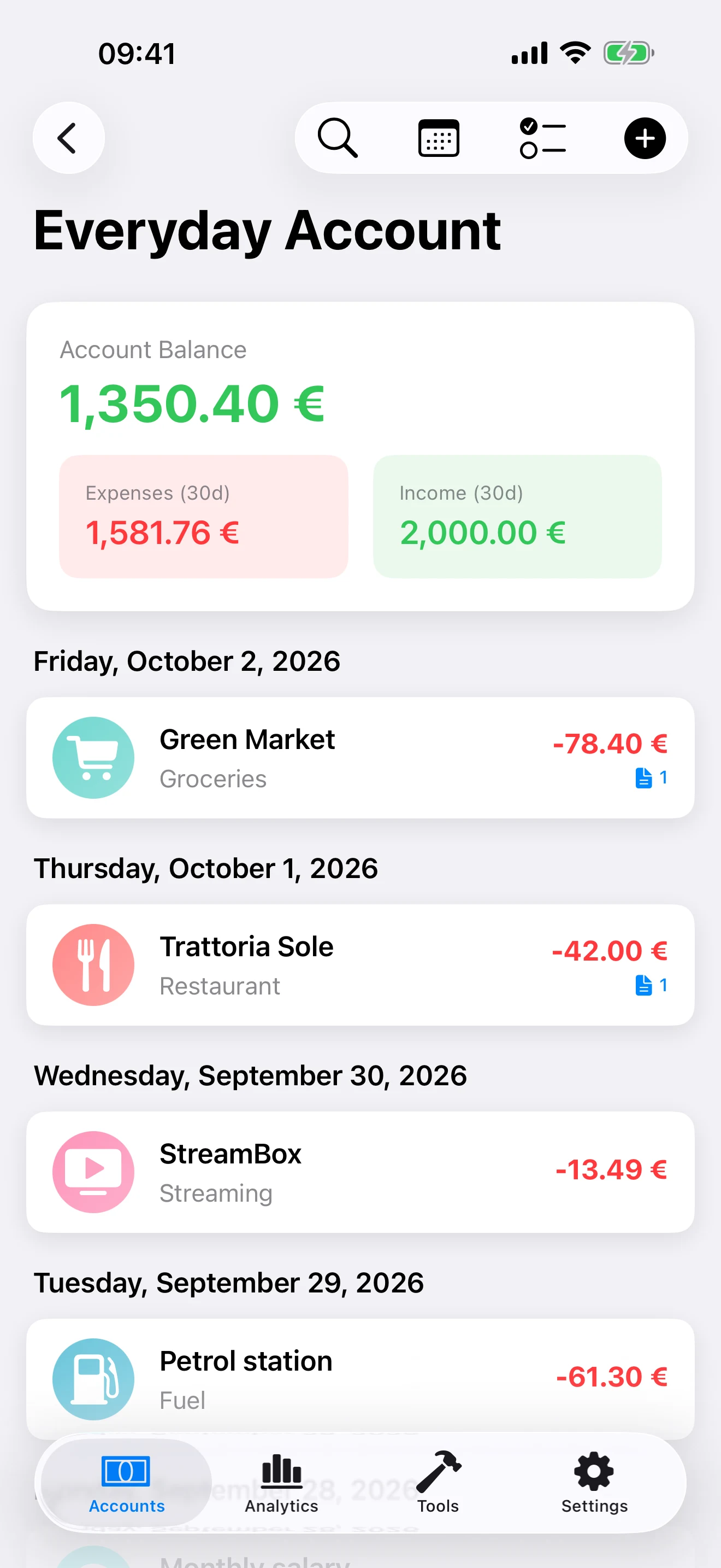 An account's details: balance, 30-day spending and income, then transactions by day with their category