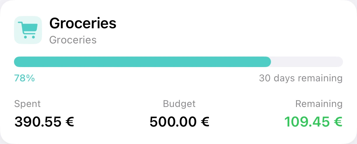 The Groceries budget: 390.55 € spent of 500.00 €, 109.45 € remaining