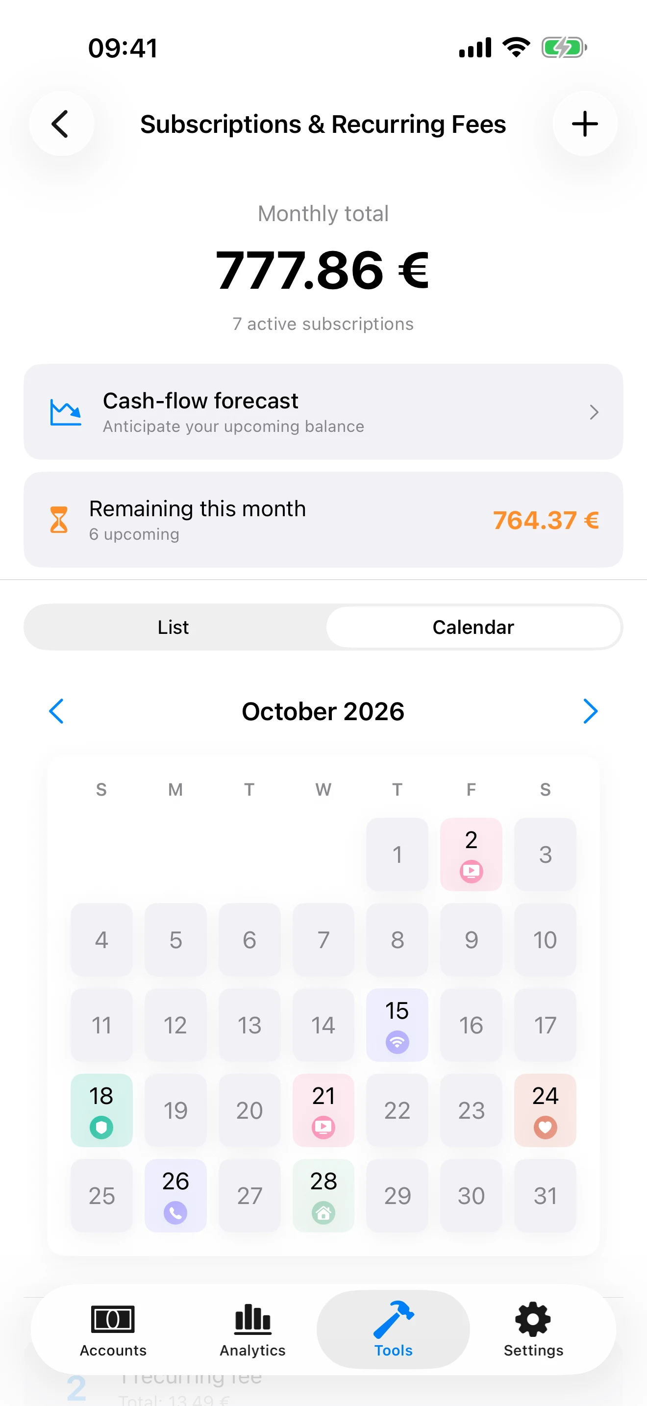 The Subscriptions screen: monthly total, amount remaining this month and a calendar of payments