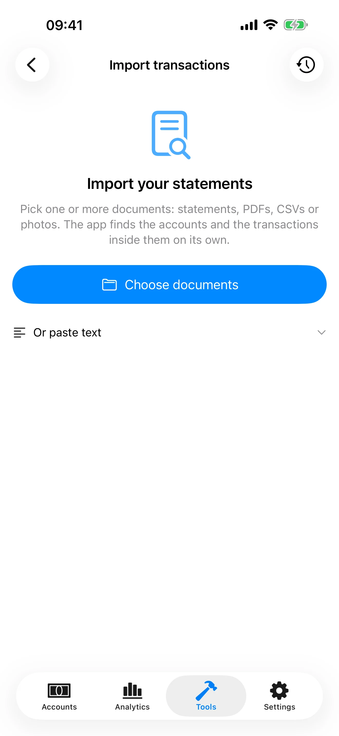 The Import transactions screen: choose documents or paste text