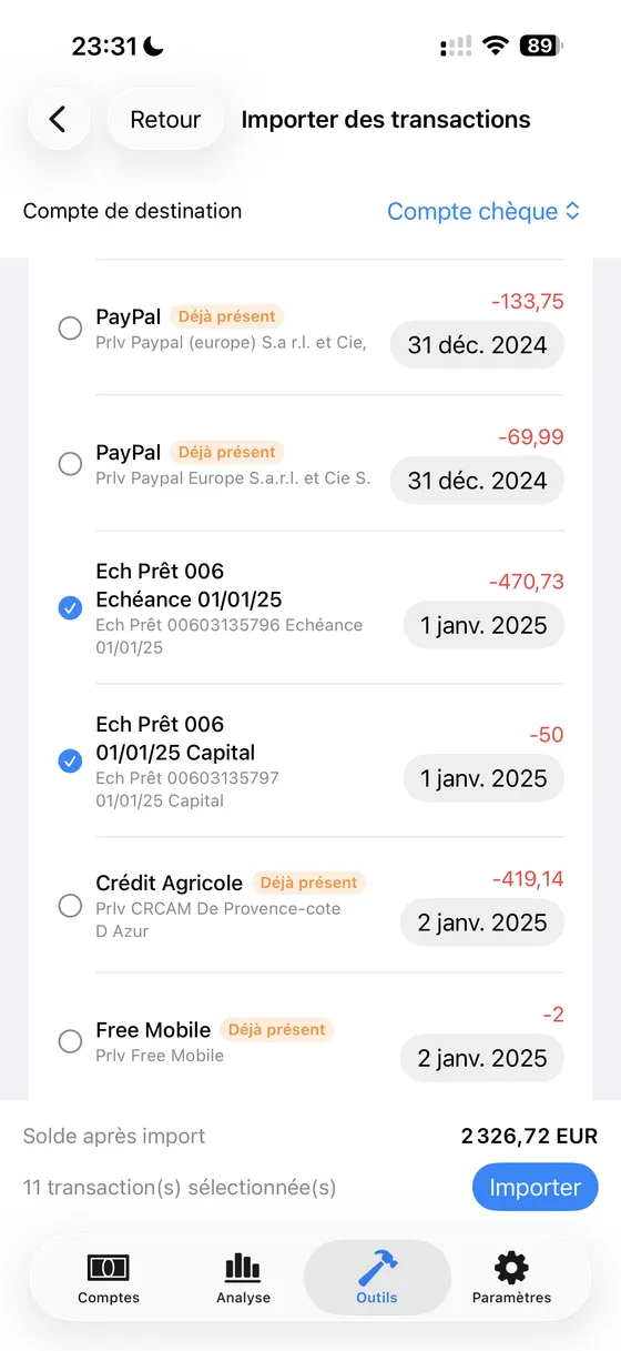 Import de relevés