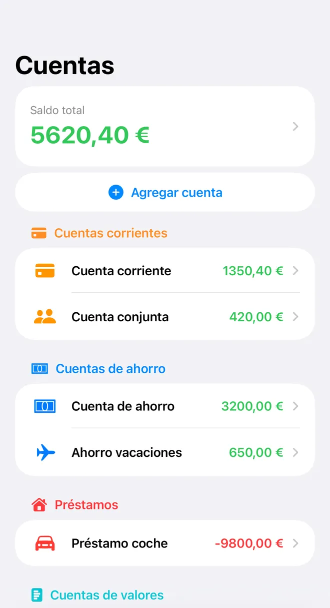 La pantalla Cuentas de FinaPrism: un saldo total de 5620,40 €, con una cuenta corriente, una cuenta conjunta, dos cuentas de ahorro y un préstamo del coche.
