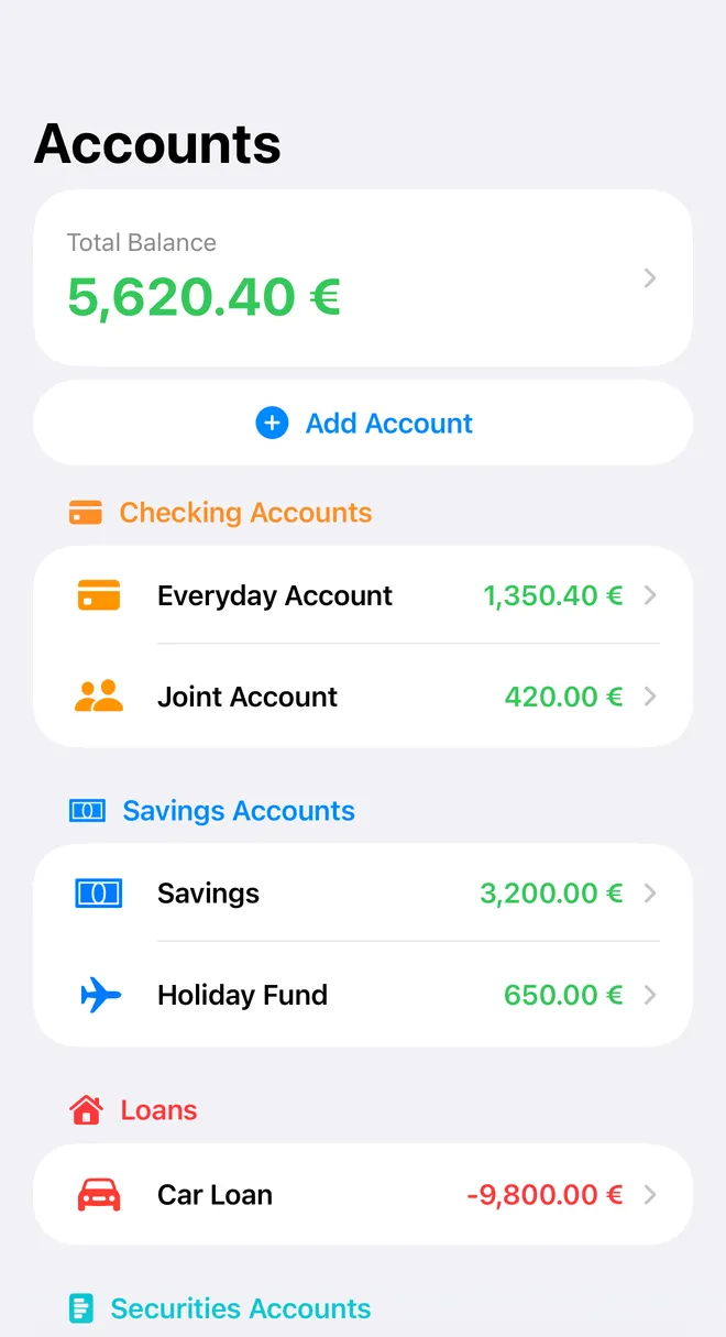 FinaPrism's Accounts screen: a total balance of €5,620.40, with an Everyday Account, a Joint Account, two savings accounts and a Car Loan.
