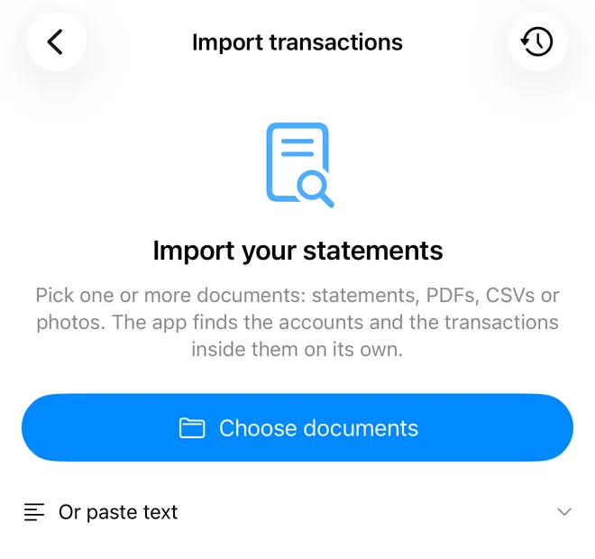 FinaPrism's Import transactions screen: “Import your statements”, with a Choose documents button for statements, PDFs, CSVs or photos, and the option to paste text instead.