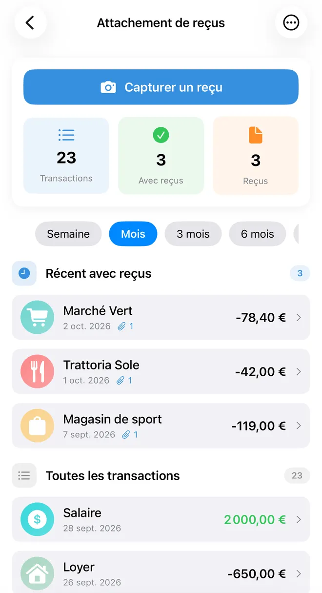 L'écran Attachement de reçus de FinaPrism : un bouton Capturer un reçu, les compteurs de transactions et de reçus, puis les transactions récentes avec un reçu joint.