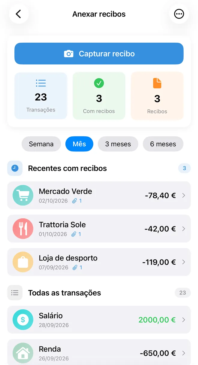 O ecrã Anexar recibos da FinaPrism: um botão Capturar recibo, os contadores de transações e de recibos, e depois as transações recentes com um recibo anexado.