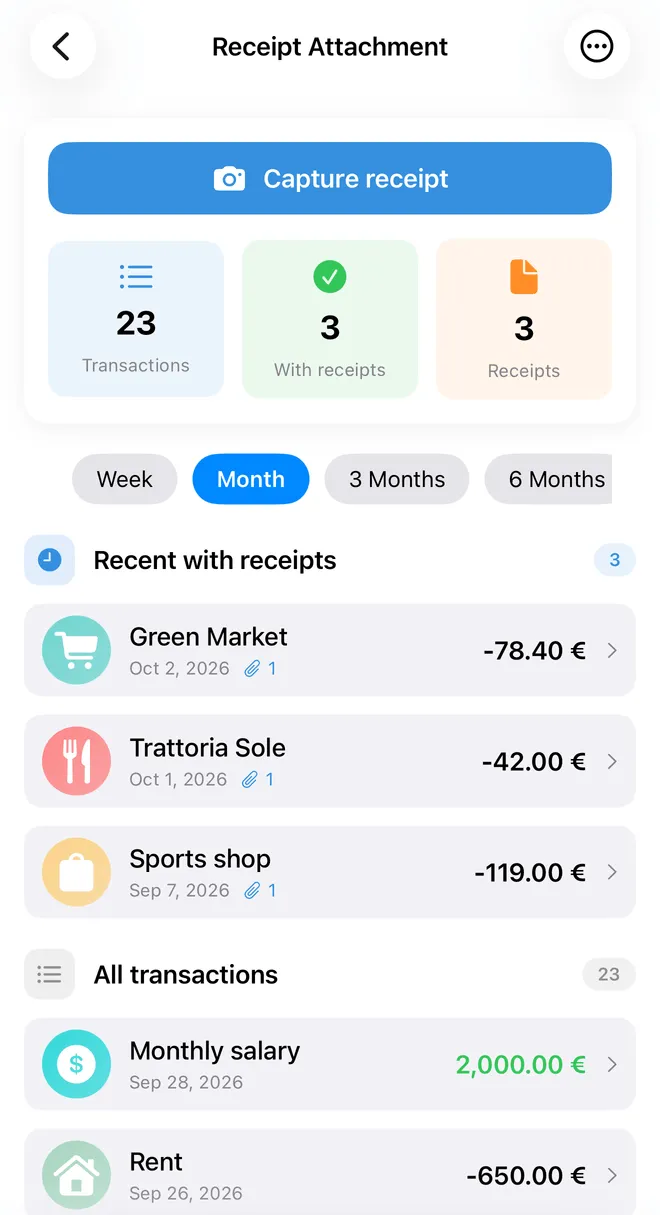 FinaPrism's Receipt Attachment screen: a Capture receipt button, transaction and receipt counts, then recent transactions with a receipt attached.