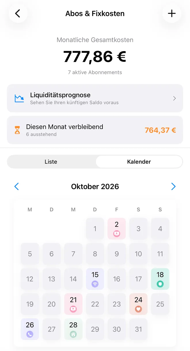 Der Bildschirm „Abos & Fixkosten“ von FinaPrism: die monatlichen Gesamtkosten, eine Liquiditätsprognose, der Betrag, der diesen Monat noch abgebucht wird, und ein Kalender für Oktober mit den markierten Abbuchungstagen.