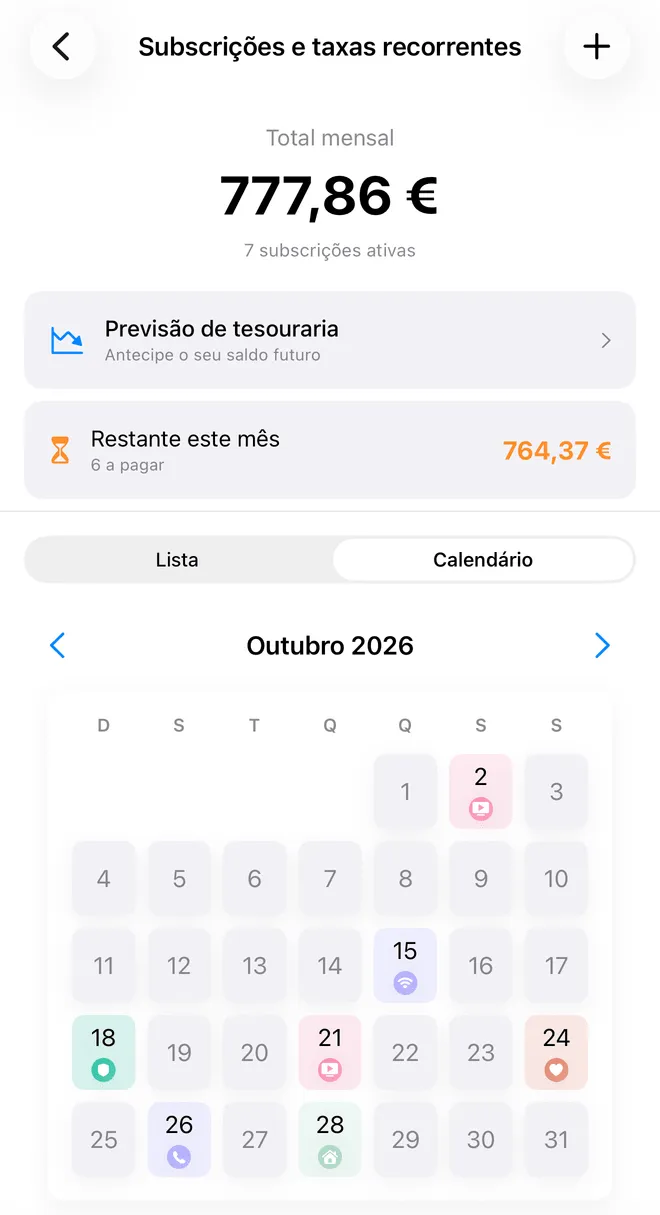O ecrã Subscrições e taxas recorrentes da FinaPrism: um total mensal, uma previsão de tesouraria, o valor que falta pagar este mês e um calendário de outubro com os dias de débito assinalados.